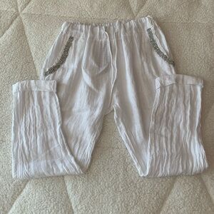 White Linen drawstring pants.